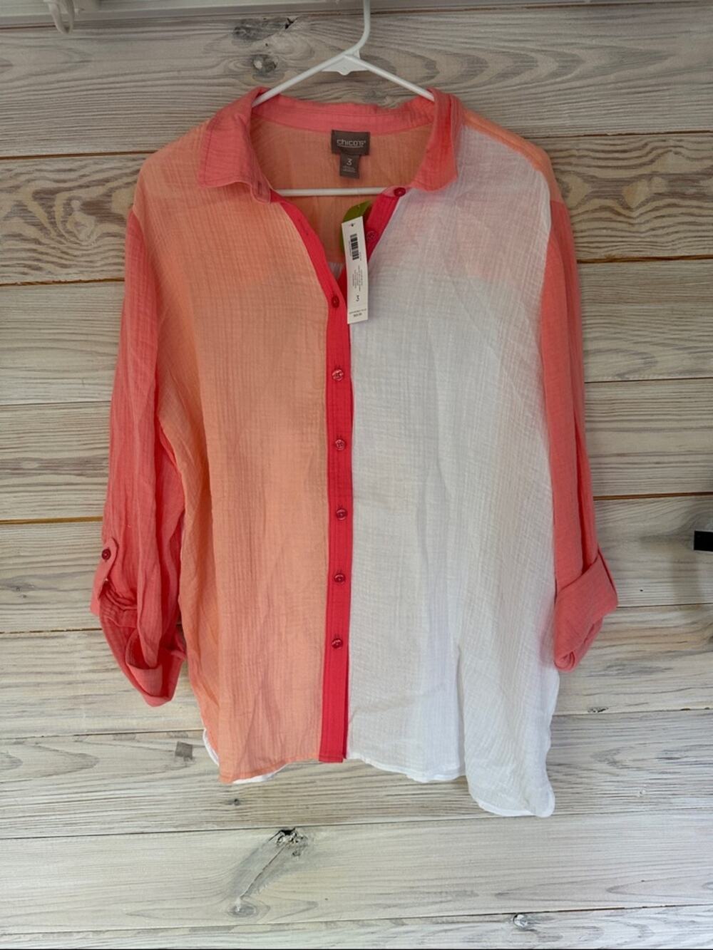 NWT Chico's Coral-Peach to White Ombre Button-Up Blouse Size 3